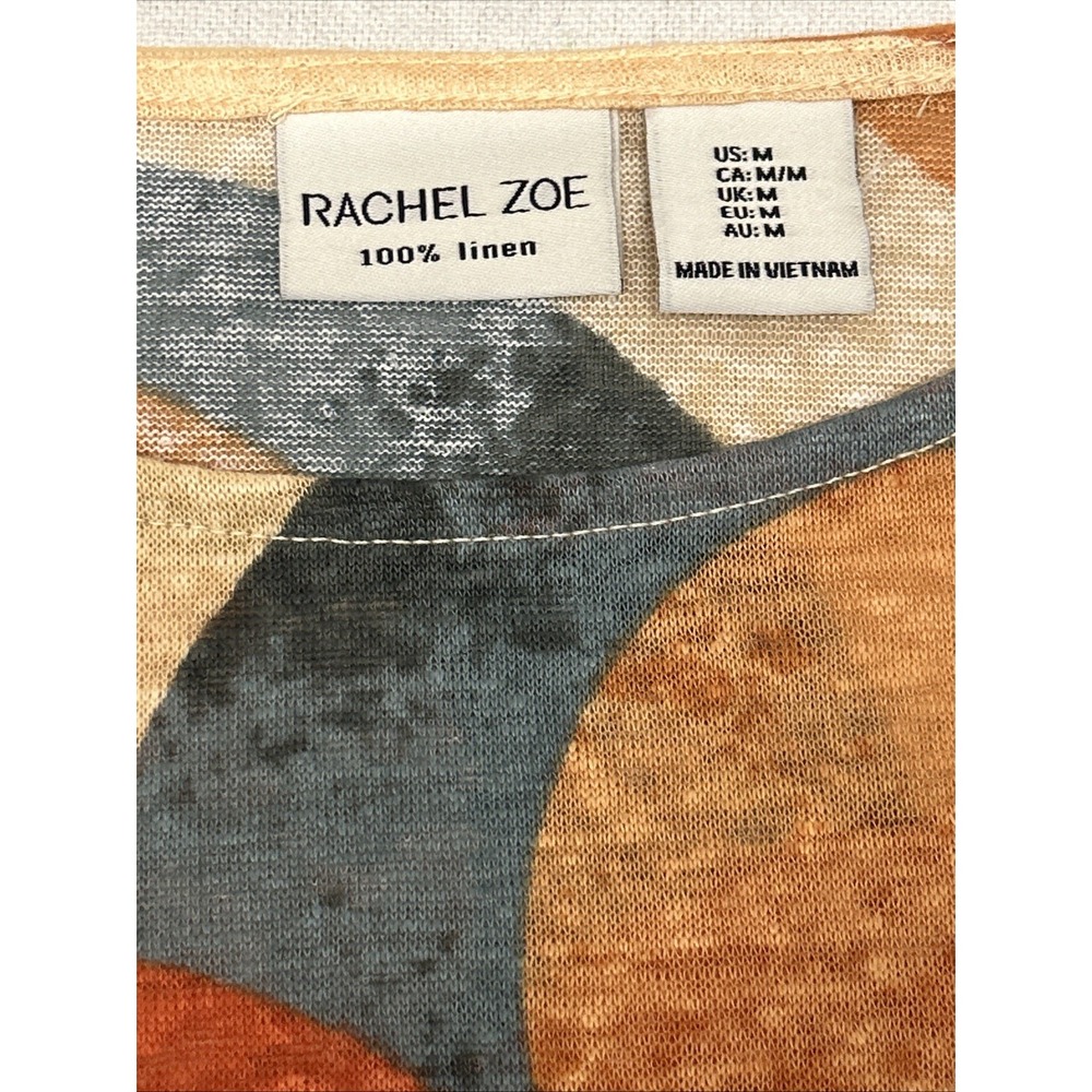RACHEL ZOE Orange/Multi-Color Short Sleeve 100% LINEN T-Shirt TEE Size M Flowy - Picture 3 of 9